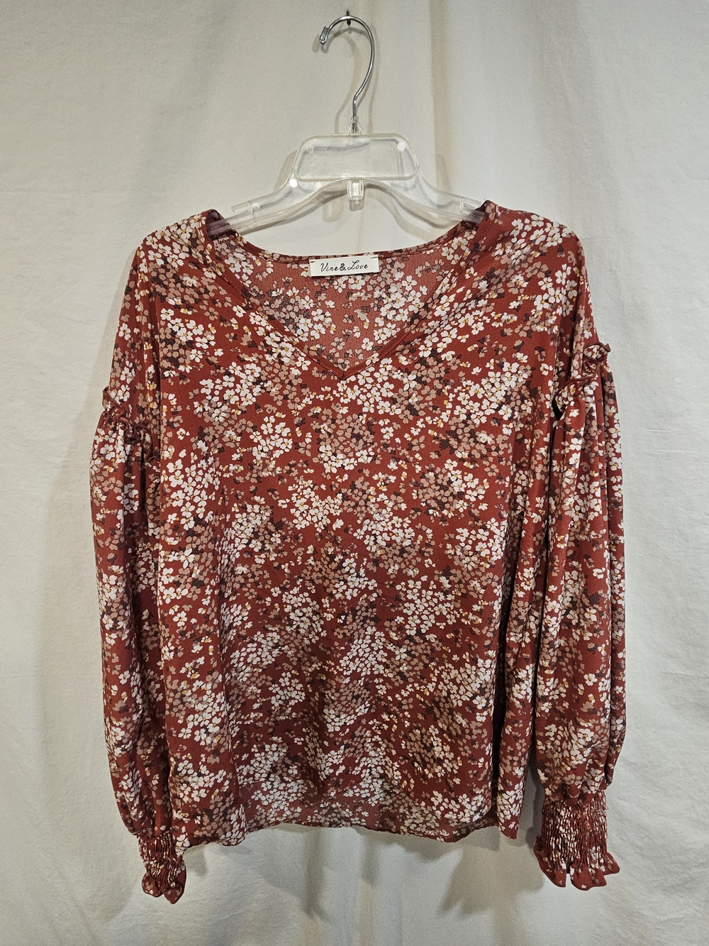 Vine & Love Rust Floral V-Neck Balloon Sleeve Blouse